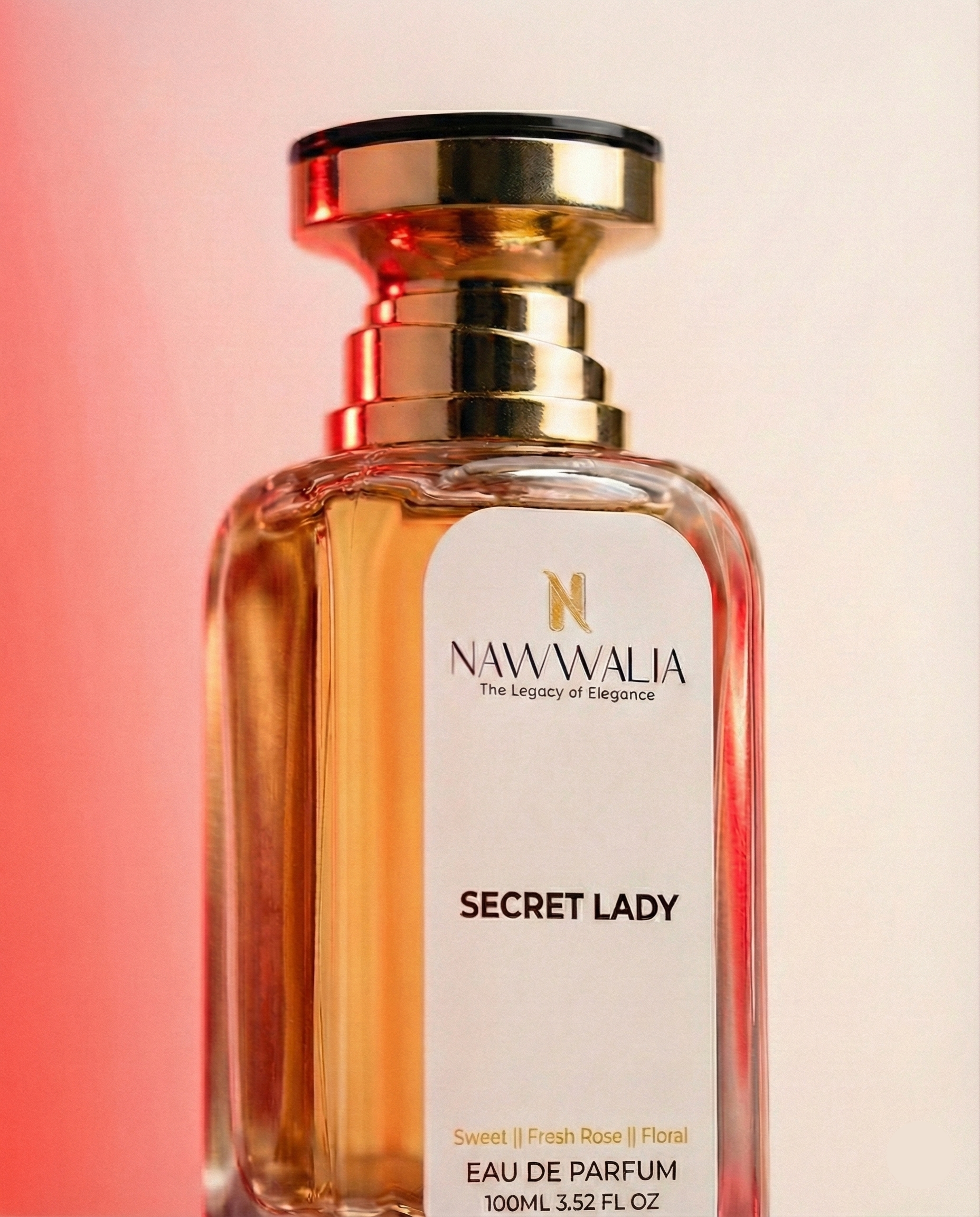 Perfume bottle labeled 'Secret Lady' by Nawwalia on a gradient background